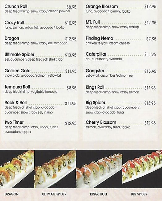 Menu at Harumi Sushi restaurant, Cupertino