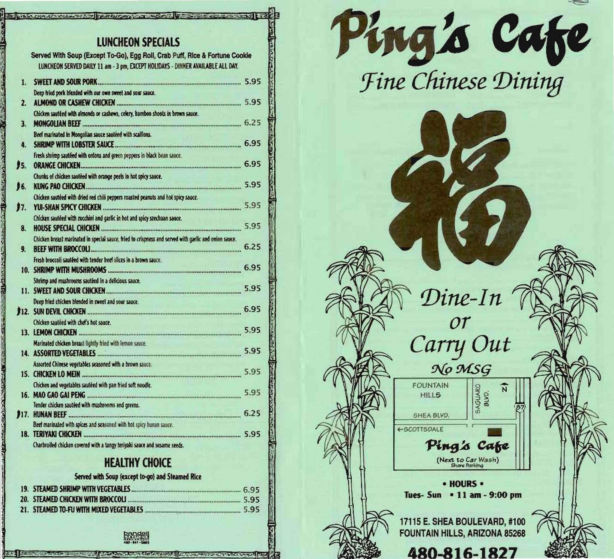 Menu at Ping's Cafe, Fountain Hills