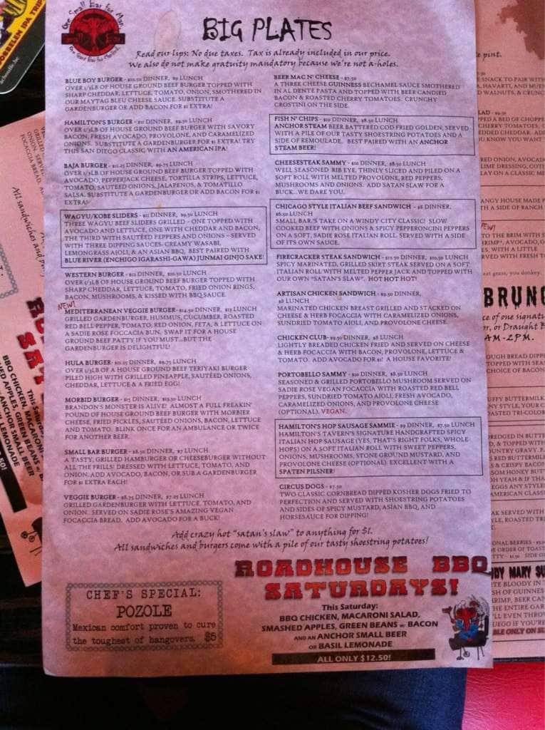 Small Bar Menu, Menu for Small Bar, University Heights, San Diego ...
