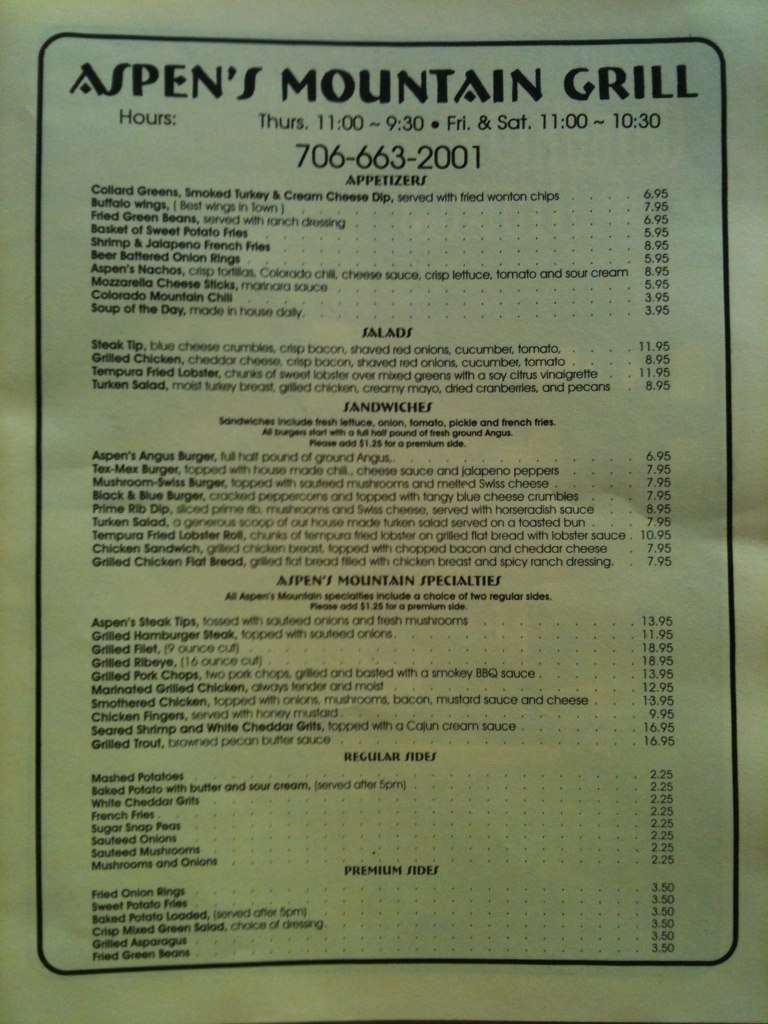 Aspen's Mountain Grill menu Urbanspoon/Zomato