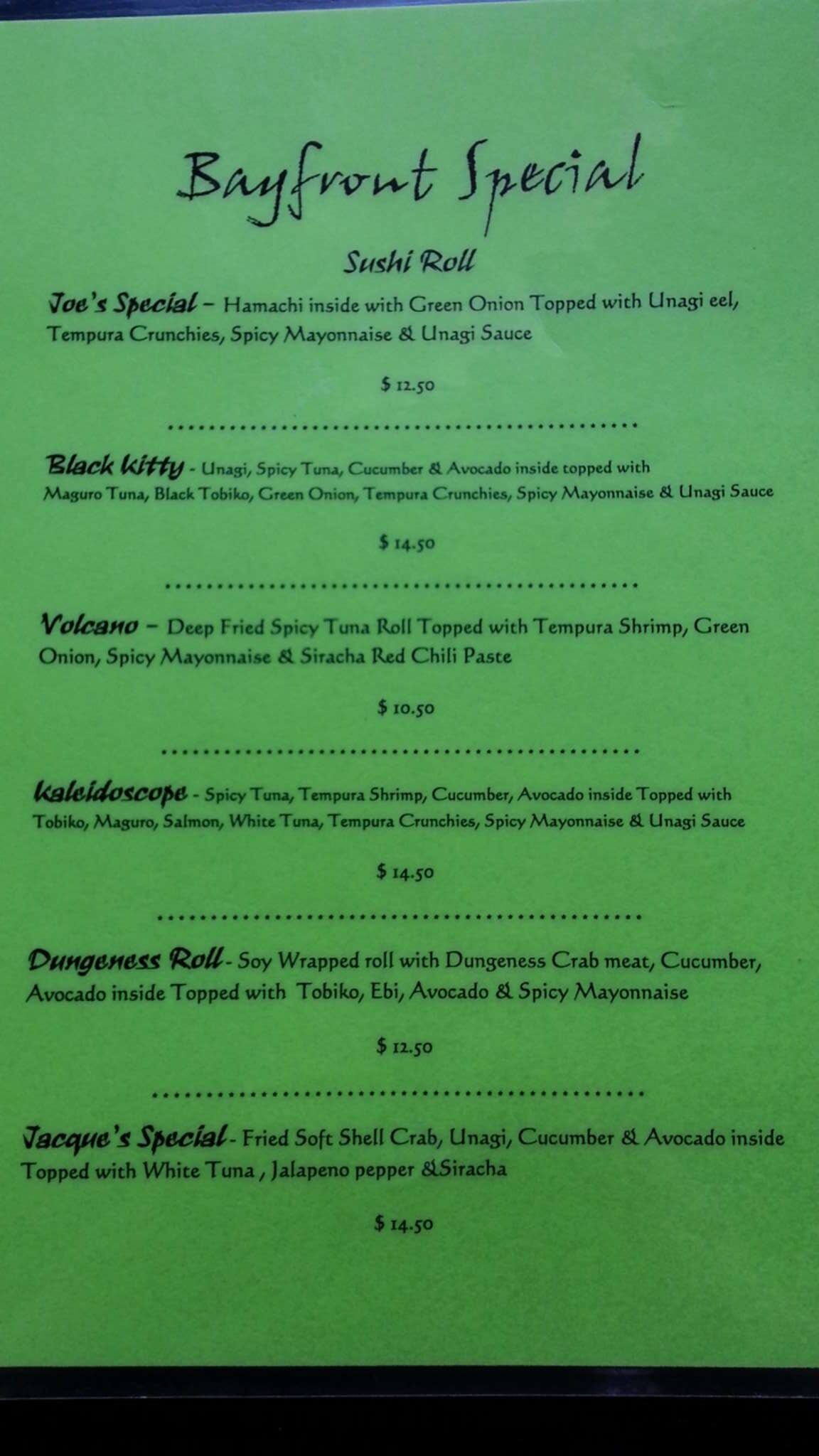 Menu at Bayfront Restaurant, Eureka