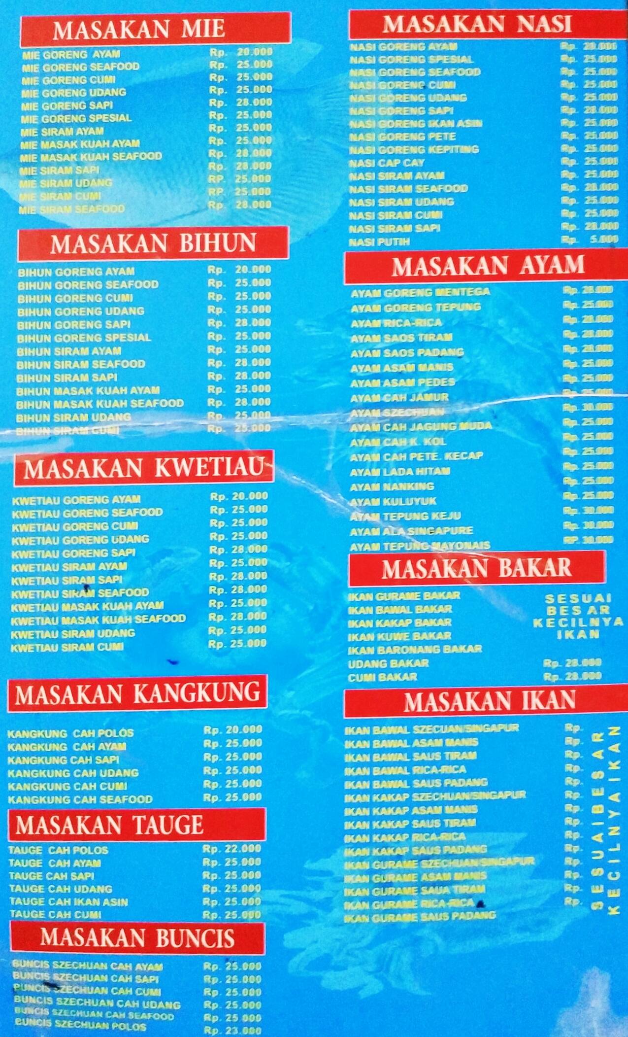 Menu at Bakmie & Seafood Kuri Kuri restaurant, Jakarta