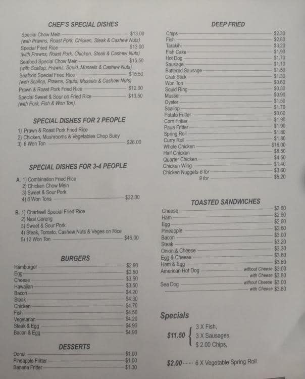 Menu at Chartwell Chinese Takeaways fast food, Auckland