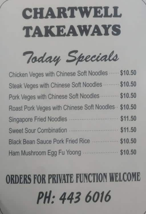 Menu at Chartwell Chinese & European Takeaways fast food, Auckland