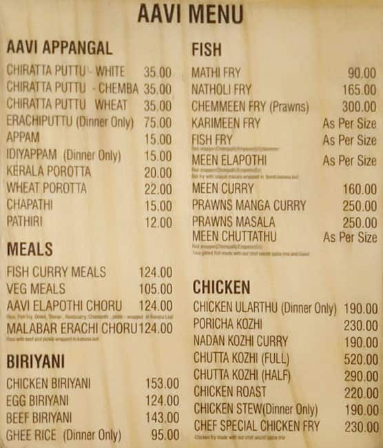 Aavi Restaurant menu