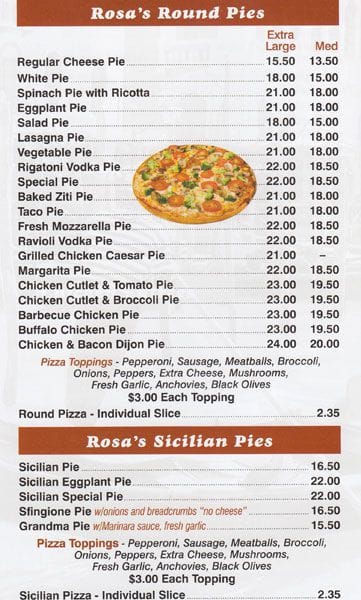 Menu at Rosa's Pizza pizzeria, New York City, 62-65 Fresh Pond Rd