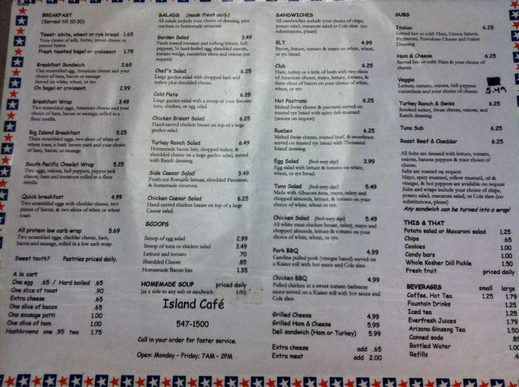 Island Cafe Menü, Island Cafe, Chesapeake, Hampton Roads için Menü