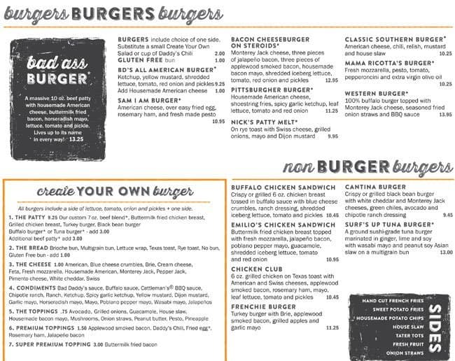 Menu at Bad Daddy's Burger Bar, Charlotte, East Blvd