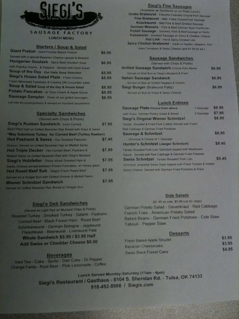 Siegi's Sausage Factory Menu Urbanspoon/Zomato