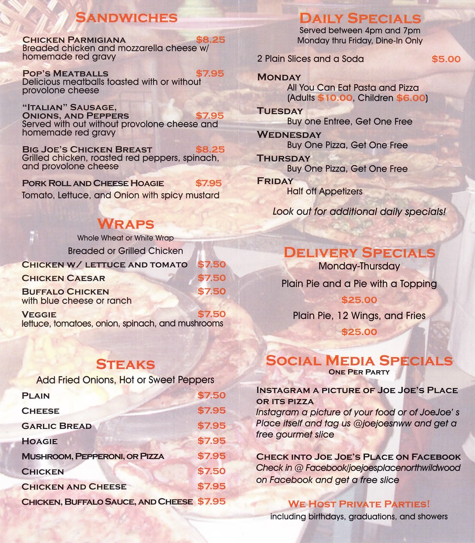 Menu at Joe Joe's Place Tacos & Tequila pizzeria, North Wildwood