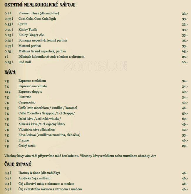 Menu at Kavárna Monopol cafe, Teplice