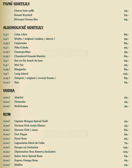 Menu at Kavárna Monopol cafe, Teplice