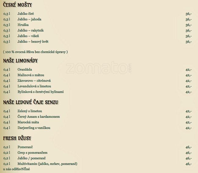 Menu at Kavárna Monopol cafe, Teplice