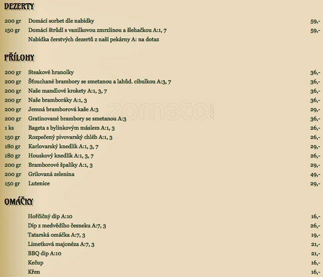 Menu at Kavárna Monopol cafe, Teplice