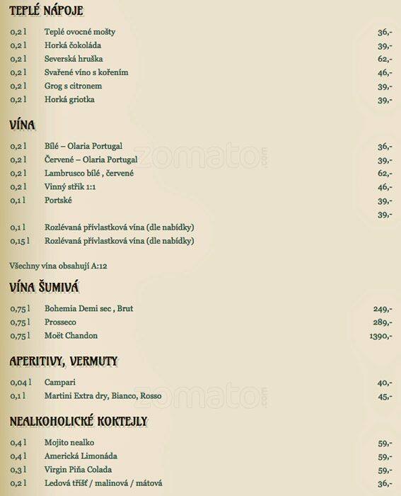 Menu at Kavárna Monopol cafe, Teplice