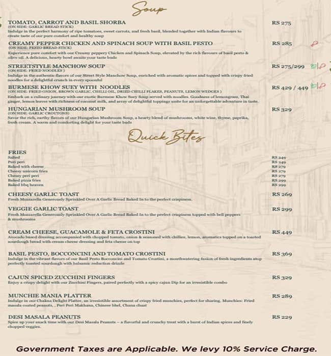 Menu of Big Yellow Door, DLF Phase 4, Gurgaon