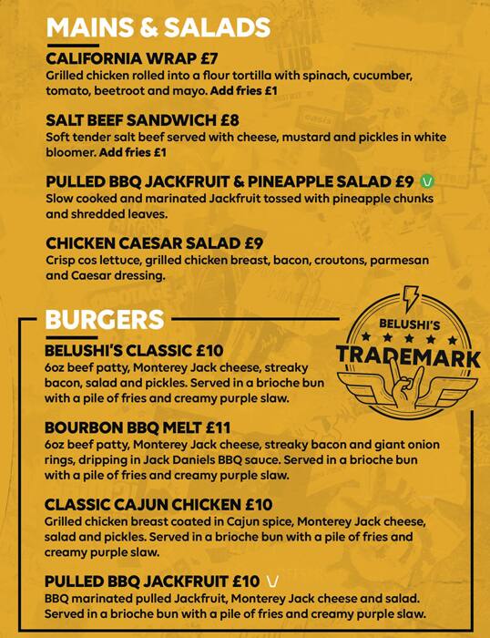 Menu at Belushi's Hammersmith pub & bar, London, 28 Hammersmith Broadway