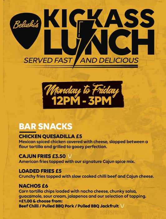 Menu at Belushi's Hammersmith pub & bar, London, 28 Hammersmith Broadway