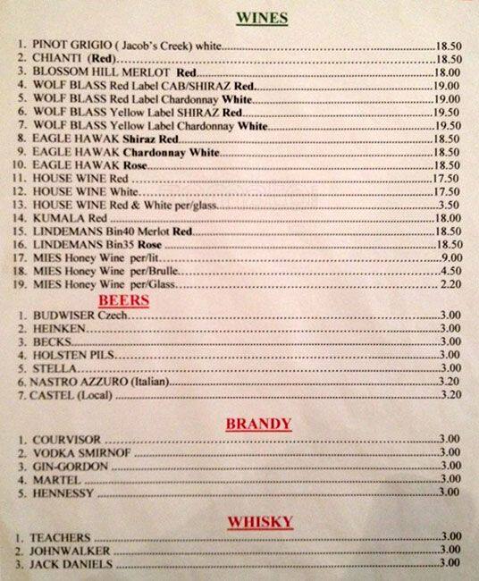Asmara Restaurant menu