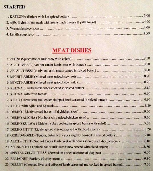 Asmara Restaurant menu
