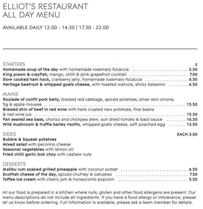 Elliot's Restaurant and Bar Apex Waterloo Place Hotel Menu Zomato UK