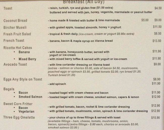 Connors Menu, Menu untuk Connors, Burleigh Heads, Gold Coast