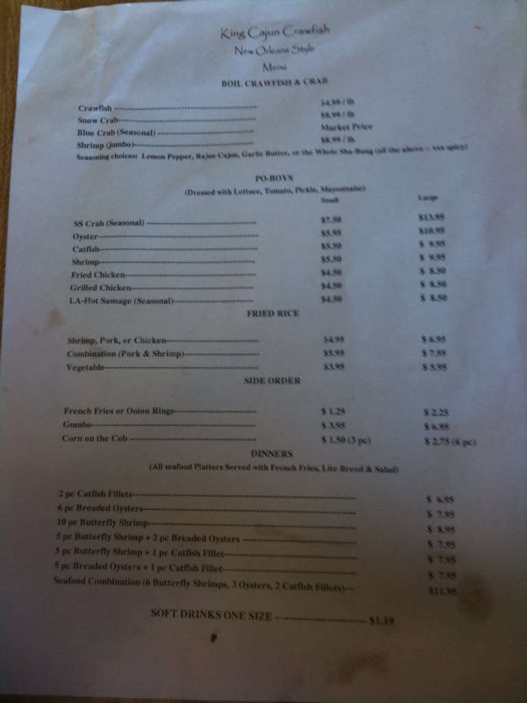 Menu at King Cajun Crawfish restaurant, Orlando, 924 N Mills Ave