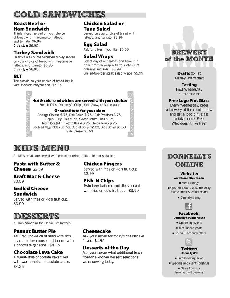 Menu at Donnelly's Public House, Fairport