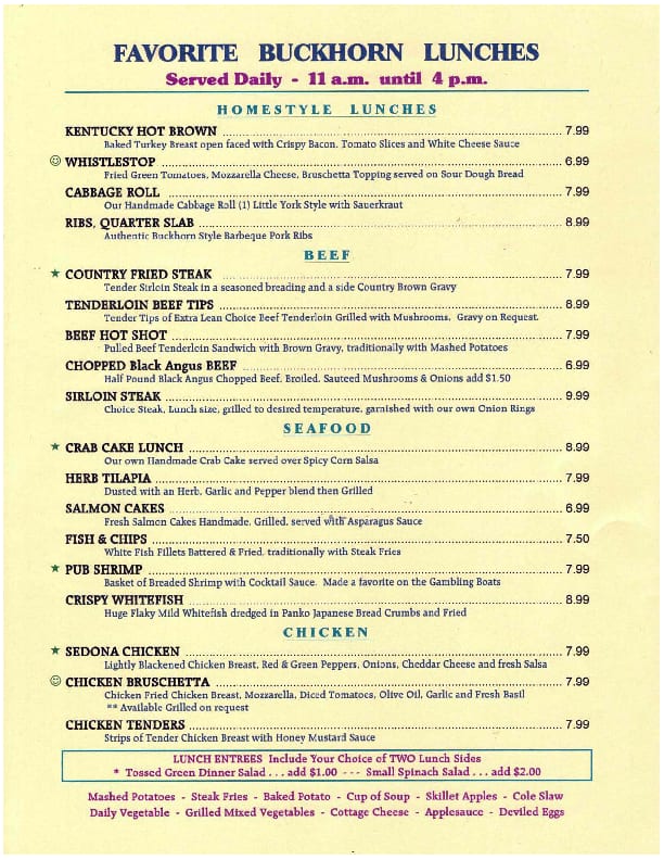 Menu at Buckhorn Tavern steakhouse, Dayton