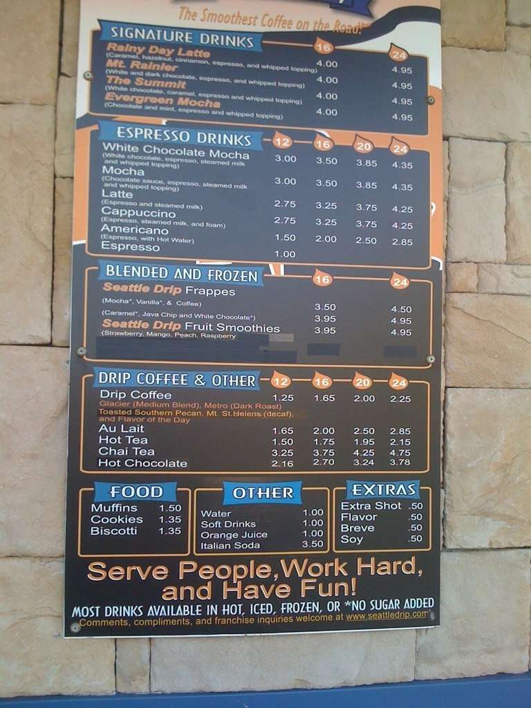 Seattle Drip Menu, Menu for Seattle Drip, Ridgeland, Jackson