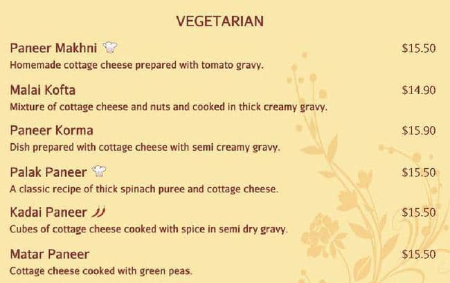 Indian restaurant メニュー