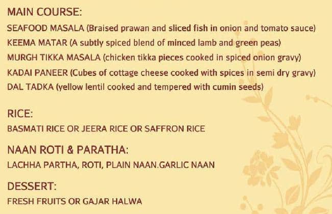 Indian restaurant メニュー