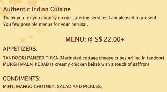 Indian restaurant メニュー