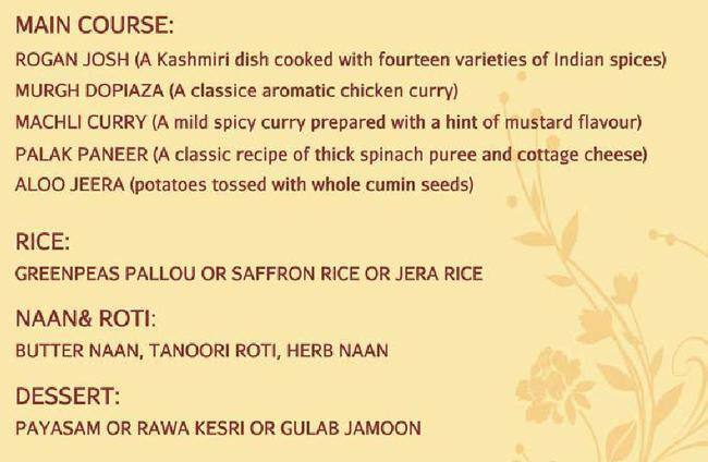 Indian restaurant メニュー