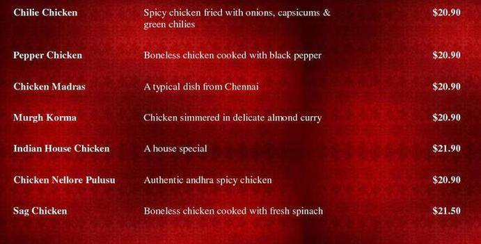Indian restaurant メニュー