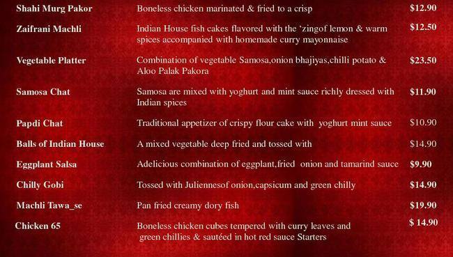 Indian restaurant メニュー