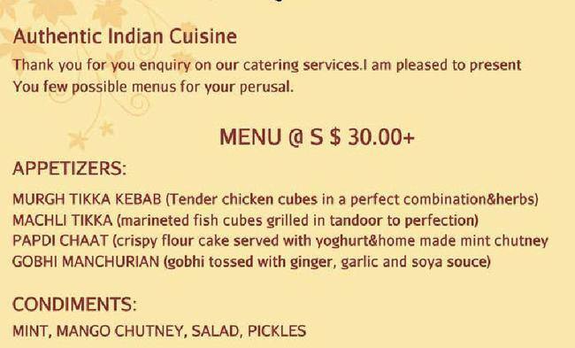 Indian restaurant メニュー