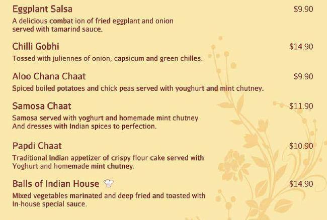 Indian restaurant メニュー