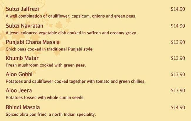 Indian restaurant メニュー