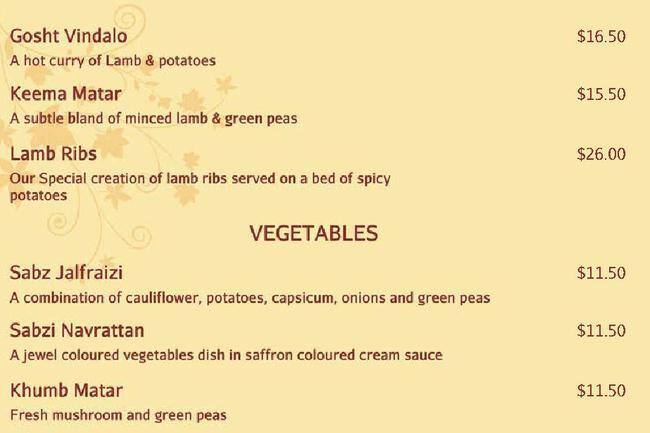 Indian restaurant メニュー