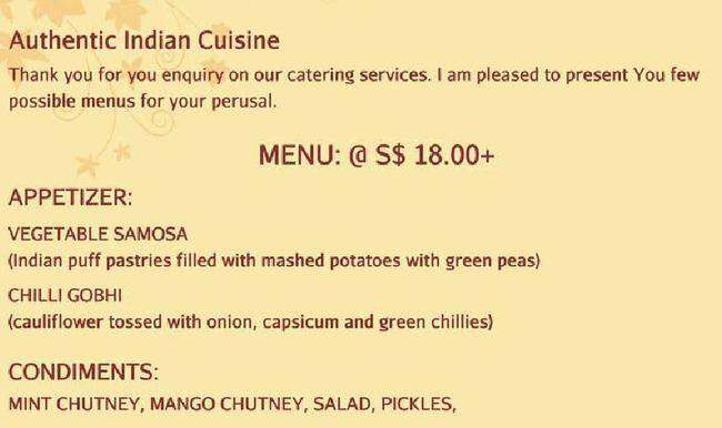 Indian restaurant メニュー