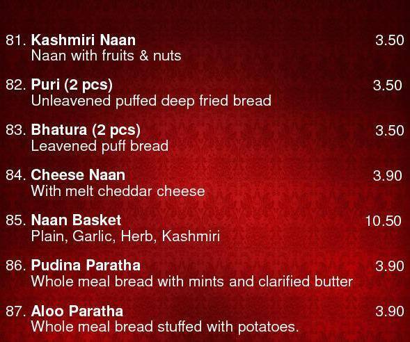 Indian restaurant メニュー
