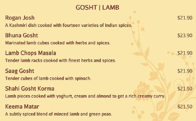 Indian restaurant メニュー
