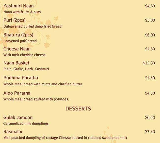 Indian restaurant メニュー