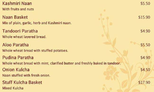 Indian restaurant メニュー