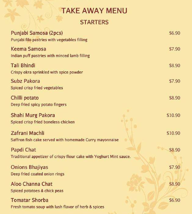 Indian restaurant メニュー