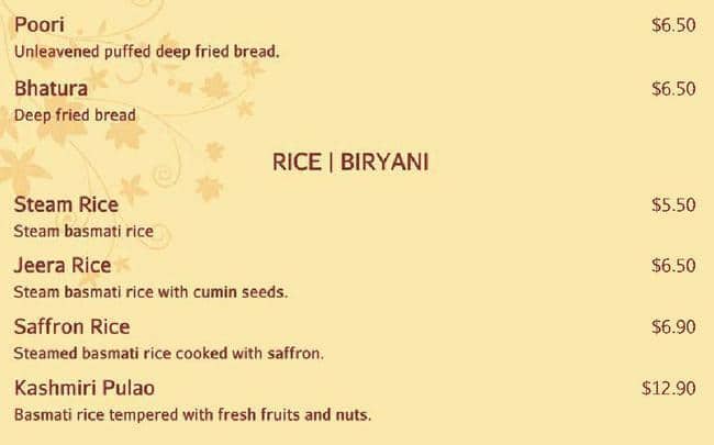 Indian restaurant メニュー