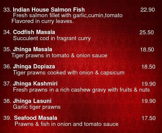 Indian restaurant メニュー