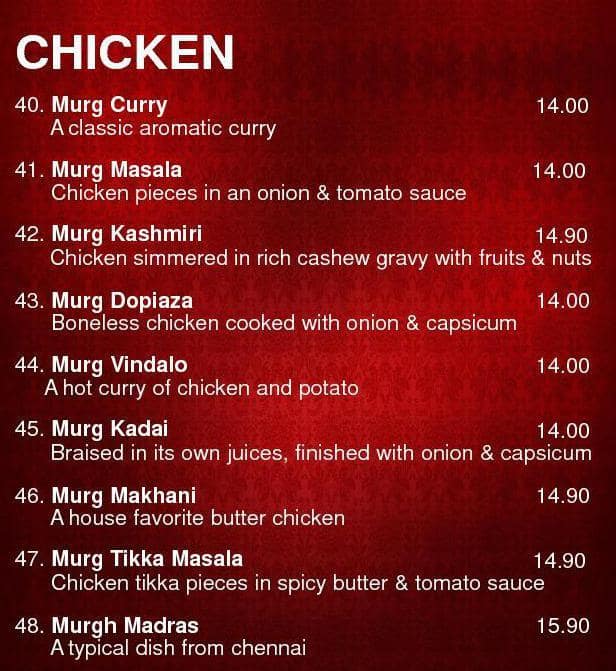 Indian restaurant メニュー