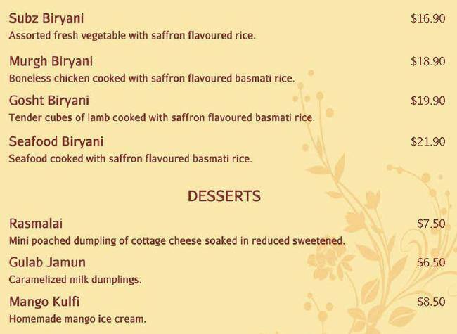 Indian restaurant メニュー